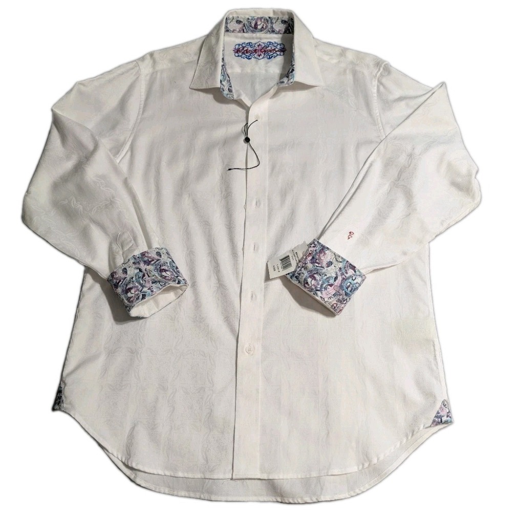 Robert Graham Salisbury White Jacquard Button Front Dress Shirt Mens L NWT